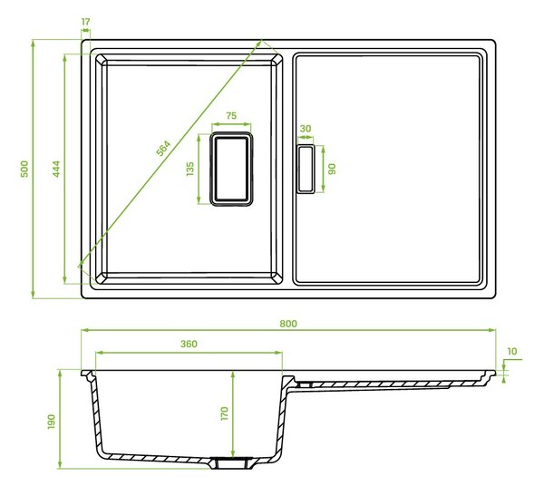 Laveo Tonga, 1-komorový granitový drez 800x500x190 mm, čierna, LAV-SPT_711Y