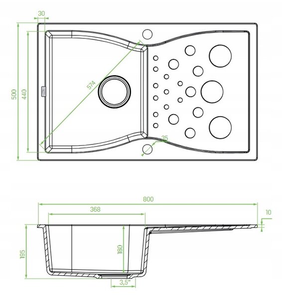 Laveo Molokin, 1-komorový granitový drez 800x500x180 mm s dlhým odkvapkávačom, béžová, LAV-SPO_411T