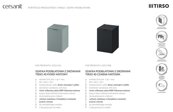 Cersanit Tirso, závesná umývadlová skrinka 594x447x572 mm + keramické umývadlo, čierna matná, S801-586