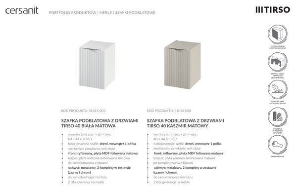 Cersanit Tirso, závesná umývadlová skrinka 994x447x572 mm + keramické umývadlo, biela matná, S801-542