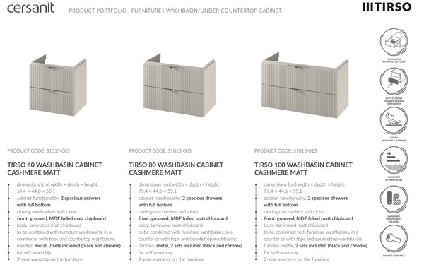 Cersanit Tirso, závesná skrinka pod umývadlo 994x447x572 mm, béžová matná, S1015-013