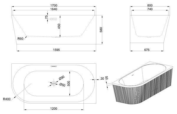 Invena Invena, voľne stojaca vaňa 170x80x58 cm, pravá, biela lesklá, čierny prepad, INV-AN-02-14P-KPL