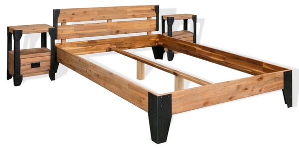Rám postele s 2 nočnými stolíkmi, akáciové drevo, oceľ, 140x200 cm