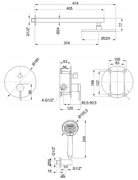 Invena Kalitea, podomietková sprchová súprava, 2-funkčná batéria, čierna matná, INV-BS-72-004-V
