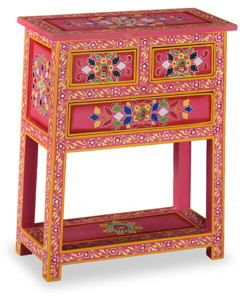 Prístavný stolík z mangovníkového dreva so zásuvkami, ružový, ručne maľovaný