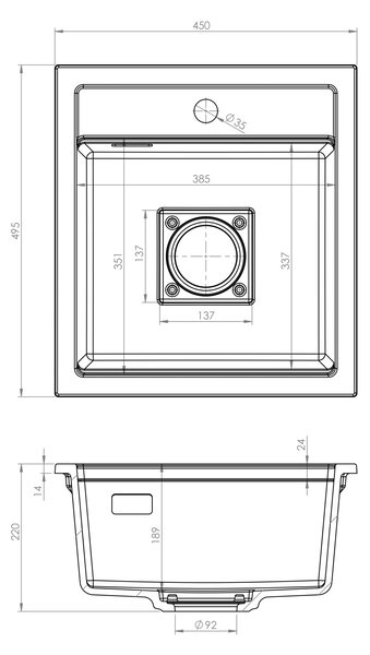 Gamma Quadro 4550, 1-komorový granitový drez 450x495x220 mm, čierna škvrnitá, GMA-ZLE000218