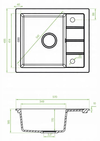 Laveo Trzynastka, 1-komorový granitový drez 570x495x185 mm, čierna, LAV-SBP_713B
