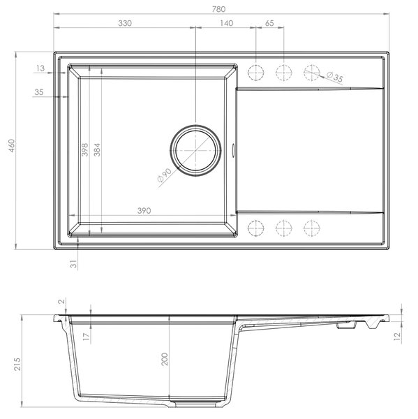 Sink Quality Sink55, kuchynský granitový drez 780x460x215 mm + grafitový sifón, šedá, SKQ-SINK.D.1KDOL.XB