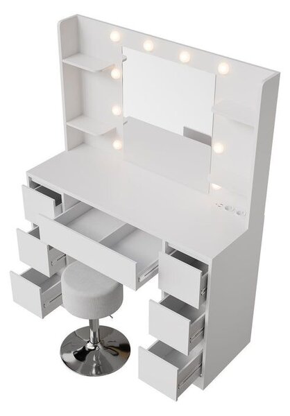 Toaletný stolík s LED osvetlením a stoličkou, 7 zásuviek