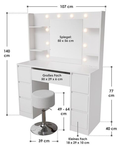 Toaletný stolík s LED osvetlením a stoličkou, 7 zásuviek