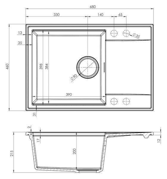 Sink Quality Sink55, kuchynský granitový drez 680x460x215 mm, šedá, SKQ-SINK.D.1KDO
