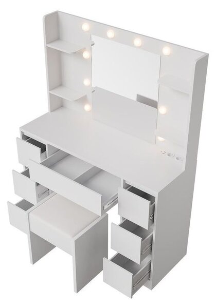 Kozmetický stolík s LED zrkadlom a taburetom, biely