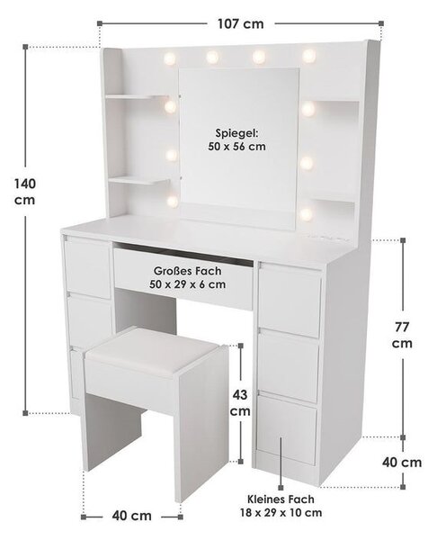 Kozmetický stolík s LED zrkadlom a taburetom, biely