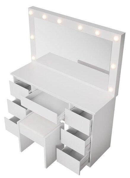 Kozmetický stolík s LED zrkadlom a stoličkou, biely