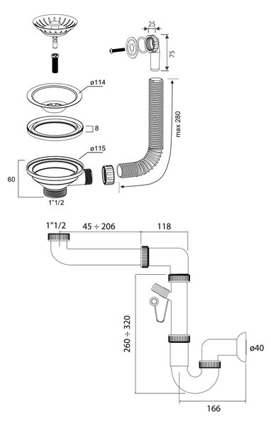 Sink Quality Sink55, kuchynský granitový drez 780x460x215 mm + grafitový sifón, šedá, SKQ-SINK.D.1KDOL.XB
