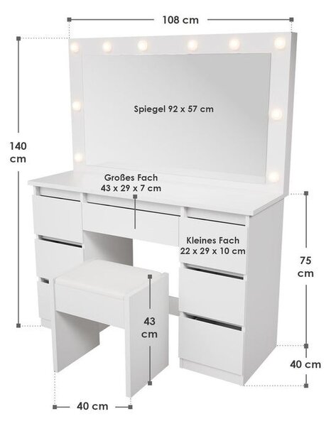 Kozmetický stolík s LED zrkadlom a stoličkou, biely