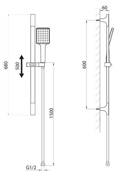Sapho Sapho, Sprchová súprava hranatá, posuvný držiak 680mm, chróm, SC815