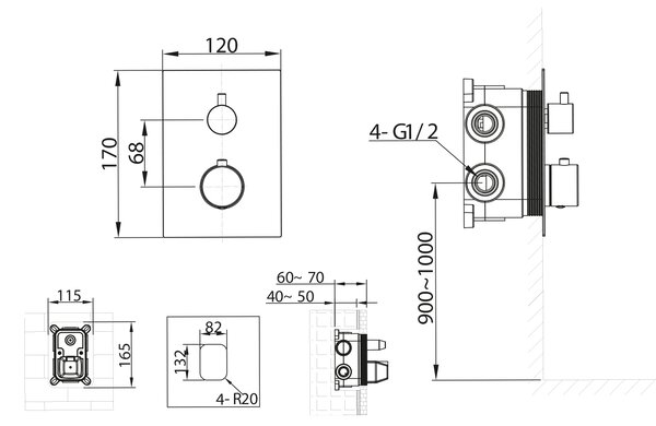 Sapho Sapho, KIMURA podomietková sprchová termostatická batéria, box, 2 výstupy, chróm, KU682