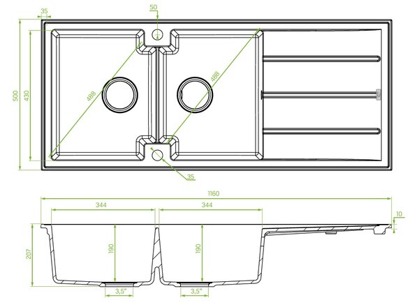 Laveo Canaria, 2-komorový granitový drez 1160x500x207 mm, šedá, LAV-SPC_521T