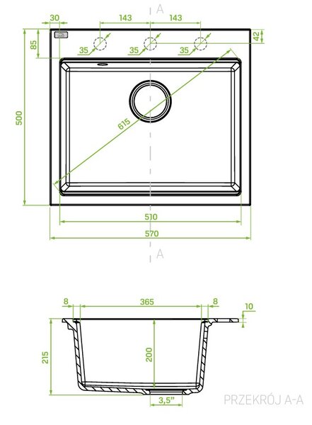 Laveo Tau, 1-komorový granitový drez 570x500x215 mm, čierna, LAV-SBT_710B