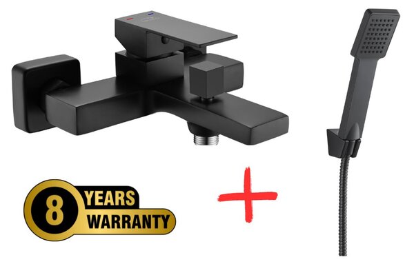 Laveo Kvadrato, nástenná vaňová batéria s ručnou sprchovou súpravou Orca, 150mm, čierna matná, LAV-BLQA710D