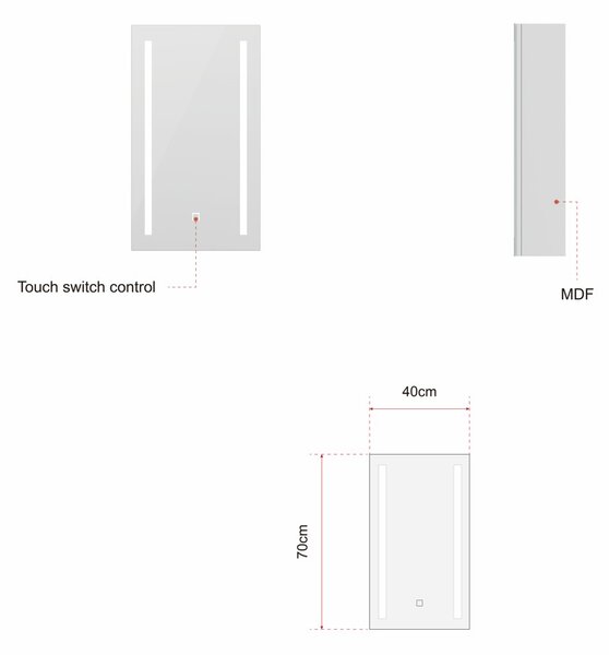 Erga Hana, zrkadlová galérka s LED osvetlením 40x70cm s integrovanou zásuvkou, biela, ERG-V05-HANA-4070-WH