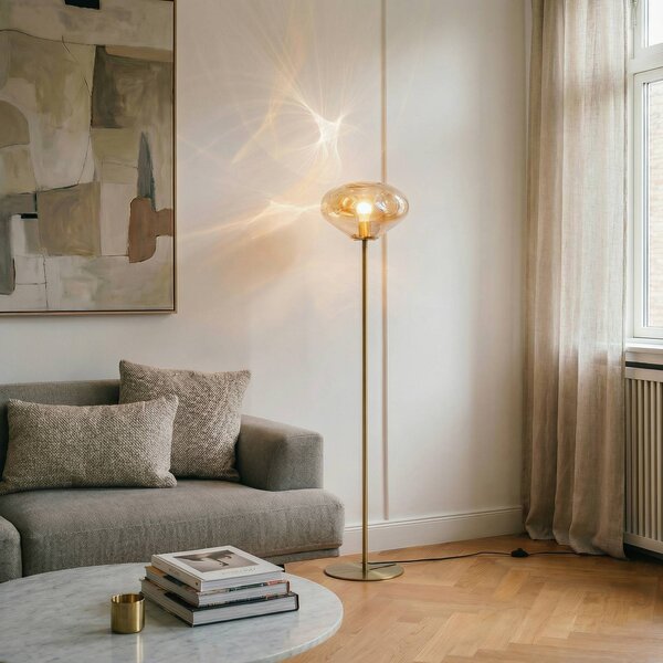 Lindby stojaca lampa Lelia, jantárová, sklo, kov, 150 cm, Krémová / jantárovo žltá, Obývacia izba / jedáleň, Sklo, Dizajn, Stojaca lampa