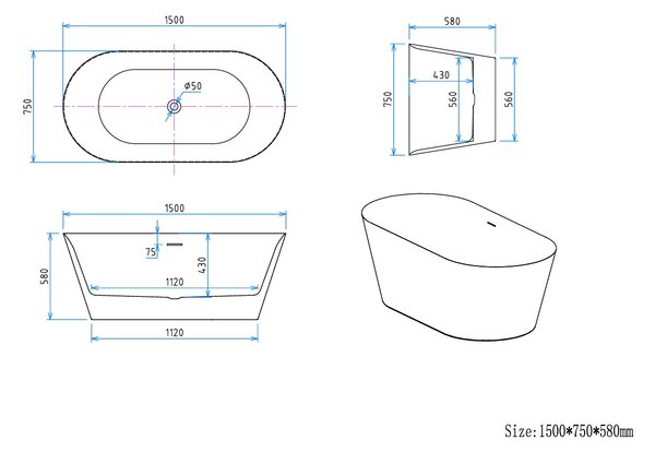 Erga Rhea, voľne stojaca vaňa 150x75 cm + odtoková zátka, biela lesklá, ERG-RHEA-150075-WH-WH