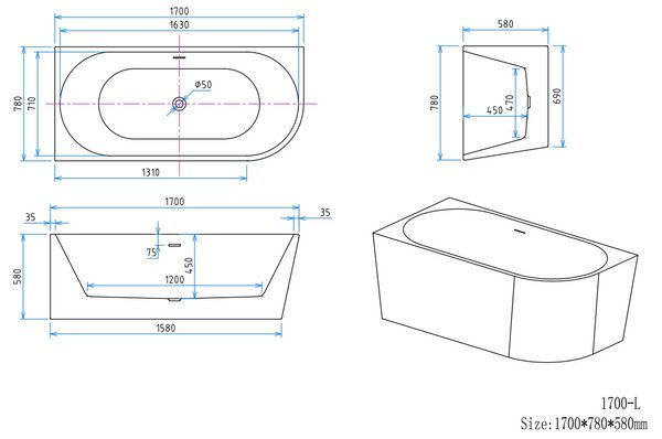 Erga Zara, rohová voľne stojaca vaňa 170x78 cm + odtoková zátka, ľavá, biela lesklá, ERG-ZARA-170078L-WH-WH