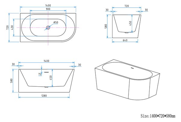 Erga Zara, rohová voľne stojaca vaňa 140x72 cm + odtoková zátka, ľavá, biela lesklá, ERG-ZARA-140072L-WH-WH