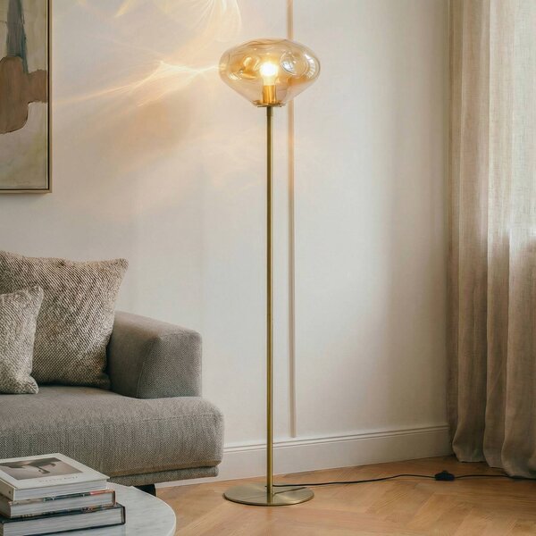 Lindby stojaca lampa Lelia, jantárová, sklo, kov, 150 cm, Krémová / jantárovo žltá, Obývacia izba / jedáleň, Sklo, Dizajn, Stojaca lampa