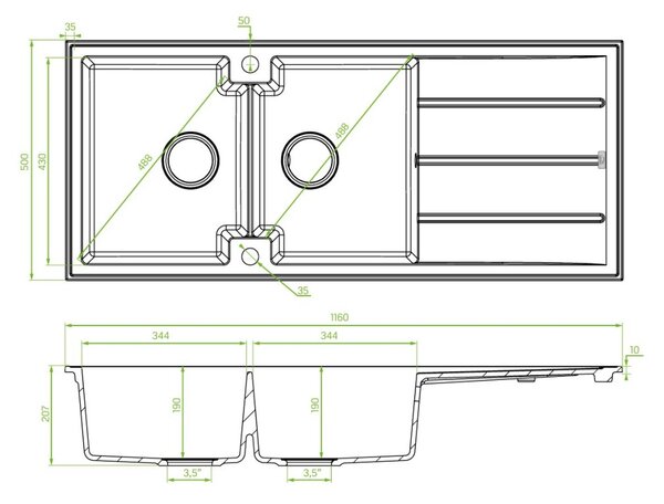 Kuchinox Laveo Canaria, 2-komorový granitový drez 1160x500x207 mm, béžová, LAV-SPC_421T