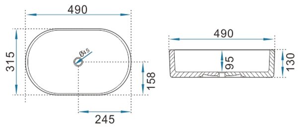 Erga Halle, umývadlo na dosku 490x315x130 mm, biela lesklá, ERG-V03-HALLE49-WH