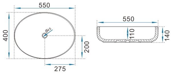 Erga Oval, umývadlo na dosku 550x400x140 mm, biela lesklá, ERG-V03-OVAL55-WH