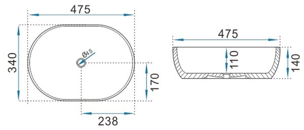 Erga Della, umývadlo na dosku 475x340x140 mm, biela lesklá, ERG-V03-DELLA48-WH