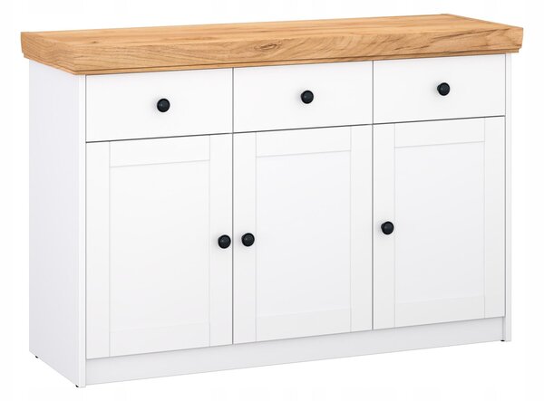 Komoda Savo – biela matná a dubový vzhľad – 3 dvere, 3 zásuvky