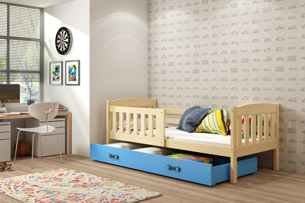 Interbeds Jednolôžková posteľ Kubus2 prírodná 160x80 s matracom a šuplíkom - modrá