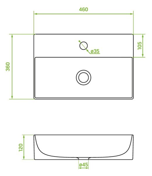 Laveo Kvadrato, keramické umývadlo na dosku alebo na stenu 460×360×120 mm, biela lesklá, LAV-VUK_6146