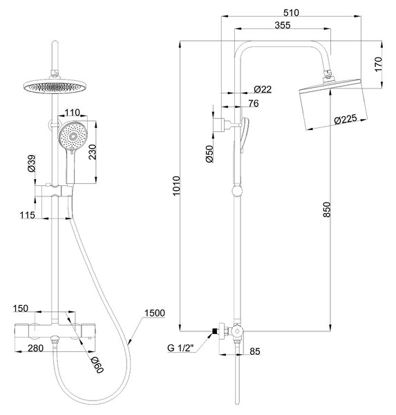 Invena Volos, sprchová sada s termostatickou batériou, čierna matná, INV-AU-37-T04-V