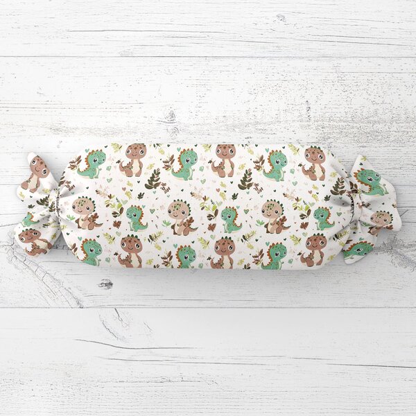 Biante Detský vankúš valec bonbon Sandra SA-657 Zeleno-hnedé dinosaury na bielom 15x40 cm