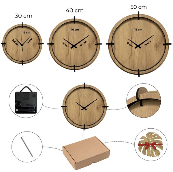 Drevené nástenné hodiny s prírodným motívom Dizajnová dekorácia | SENTOP HDF0587-GOLD-OAK