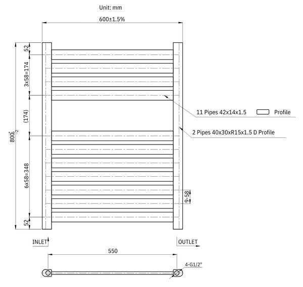 Gamma Artic, vykurovacie teleso 600x800 mm, 382 W, čierna matná, GMA-ARCT-8060-BK