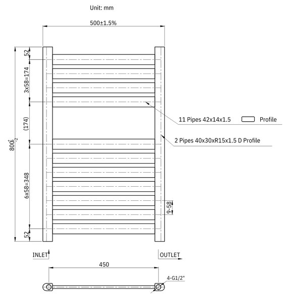 Gamma Artic, vykurovacie teleso 500x800 mm, 327 W, čierna matná, GMA-ARCT-8050-BK