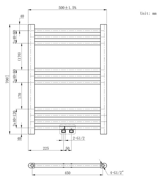 Gamma Simple, vykurovacie teleso 500x700 mm, 275 W, zlatá matná, GMA-SIMP-7050-BGD