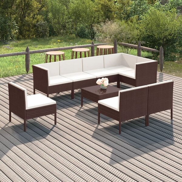 Maison Exclusive – 9-dielna záhradná súprava s vankúšmi z polyrotangu v hnedej farbe