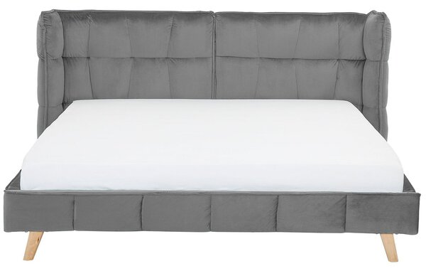 Posteľ sivá zamatové čalúnenie 180 x 200 cm prešívaná nohy zo svetlého dreva lamelový rošt nastaviteľné čelo moderný štýl spálňa