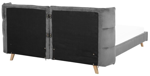 Posteľ sivá zamatové čalúnenie 180 x 200 cm prešívaná nohy zo svetlého dreva lamelový rošt nastaviteľné čelo moderný štýl spálňa