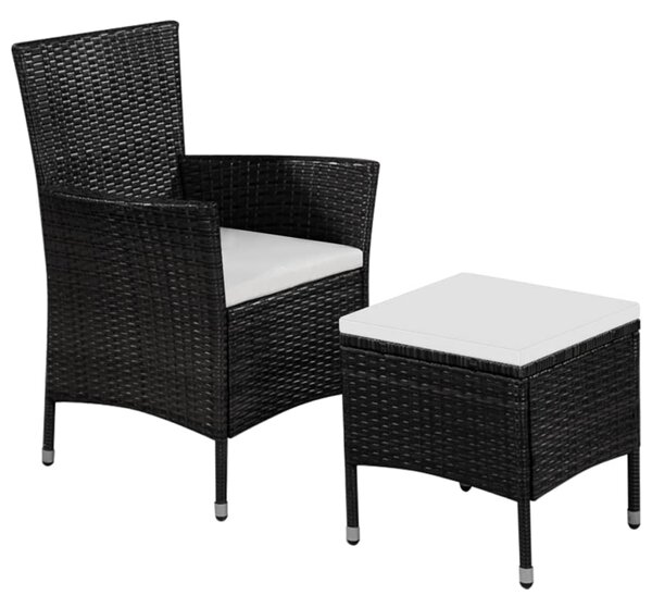 Vonkajšia stolička a taburetka s podložkami, polyratan, čierne
