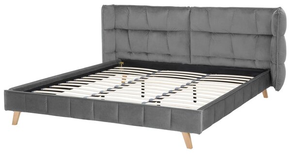 Posteľ sivá zamatové čalúnenie 180 x 200 cm prešívaná nohy zo svetlého dreva lamelový rošt nastaviteľné čelo moderný štýl spálňa