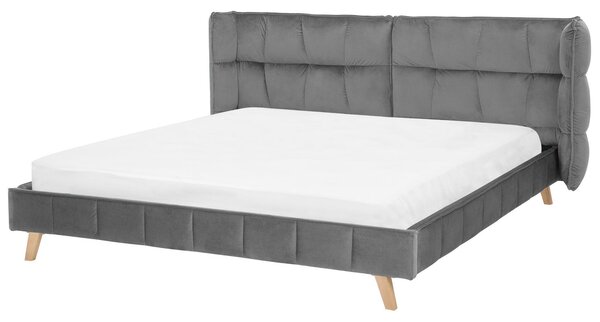 Posteľ sivá zamatové čalúnenie 180 x 200 cm prešívaná nohy zo svetlého dreva lamelový rošt nastaviteľné čelo moderný štýl spálňa